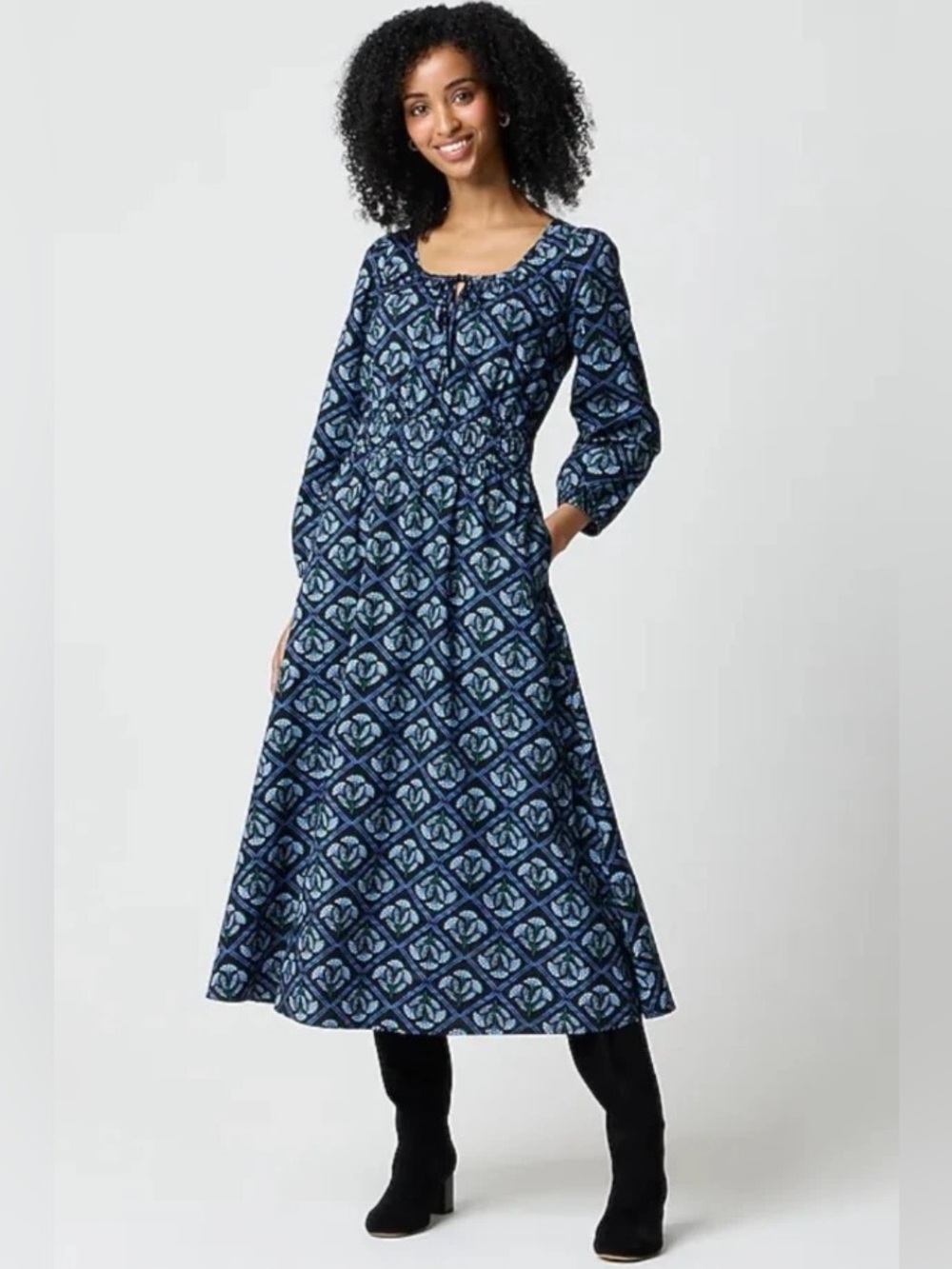 J. Crew Block Print Long-sleeve smocked waist poplin Midi dress Black Vintage 22